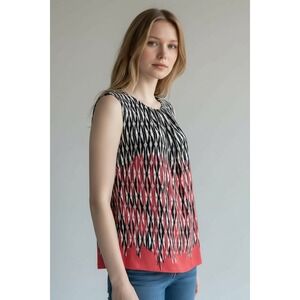 Calvin Klein Women Black White Red Geometric Print Sleeveless Pleated Neck Top M